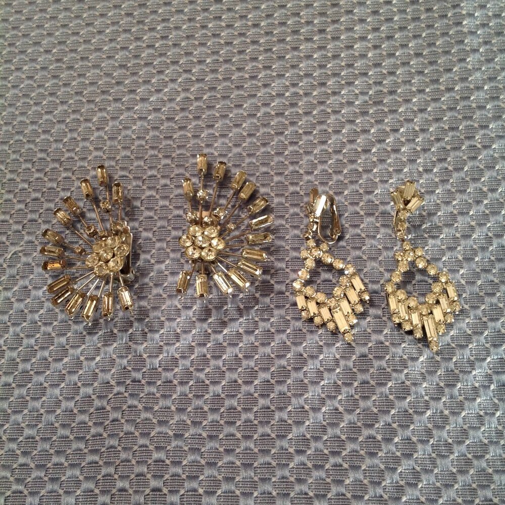 Vintage Rhinestone Clip On Earrings Lot Dangle Large